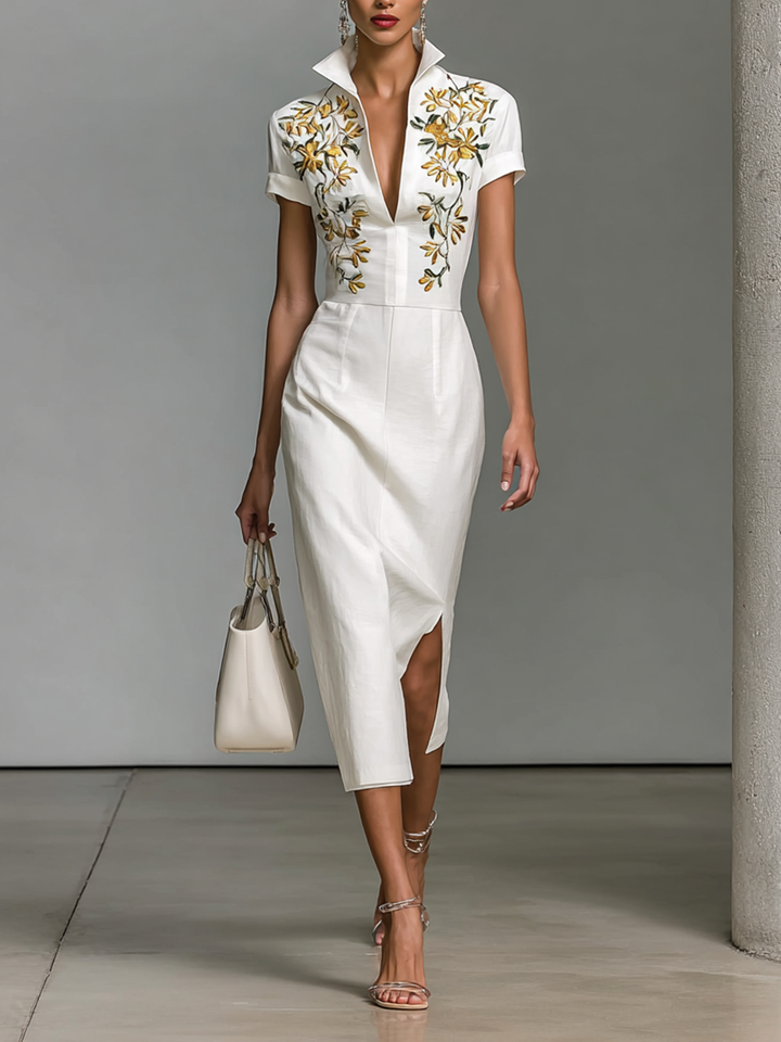 Robe mi-longue à col en V, brodée, à manches courtes et taille ajustée pour femme MDA0535G0Y