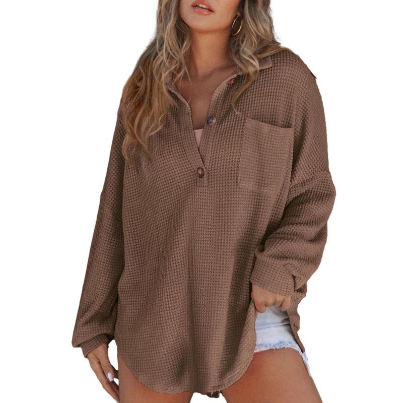 RHANNON™ - Pull décontracté oversize à manches longues et col en V gaufré