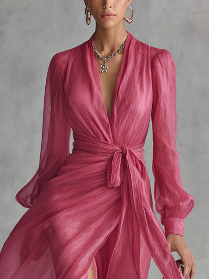 Rose Pink Chiffon V-Neck Tie-Waist Long Dress