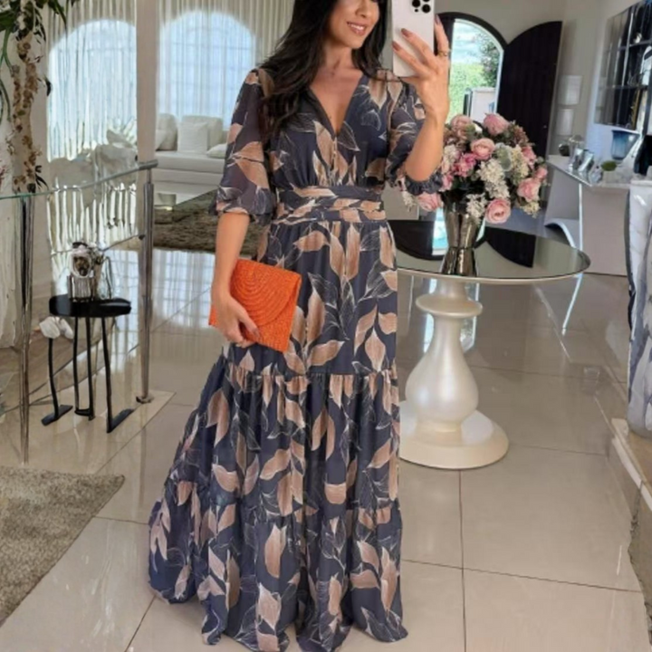BELL™ - Robe longue élégante à col en V et manches bouffantes