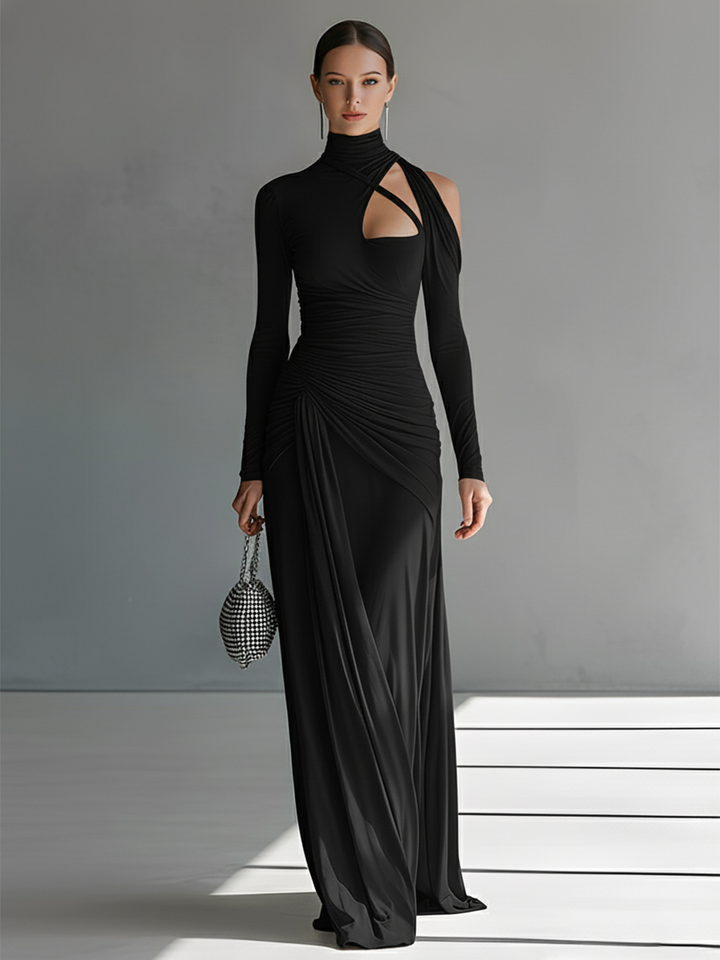 Grey Silky Stretch Ruched Cut-Out Maxi Dress
