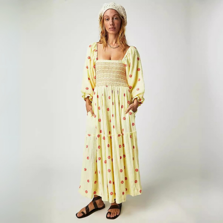 MOIRA™ - Robe maxi confortable à manches lanternes et col carré, ornée de fleurs