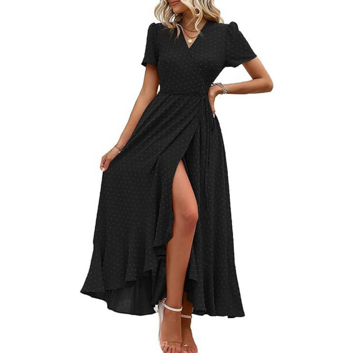 PILAR™ – Robe longue élégante à manches courtes, col en V et coupe portefeuille fluide