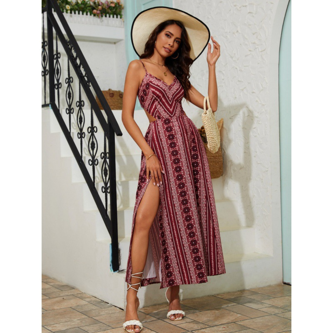CLARINDA™ – Robe longue décontractée sans manches à col V profond et froncée