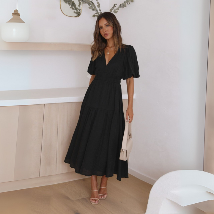 NAMU™ - Robe longue élégante à col en V et manches longues, coupe trapèze