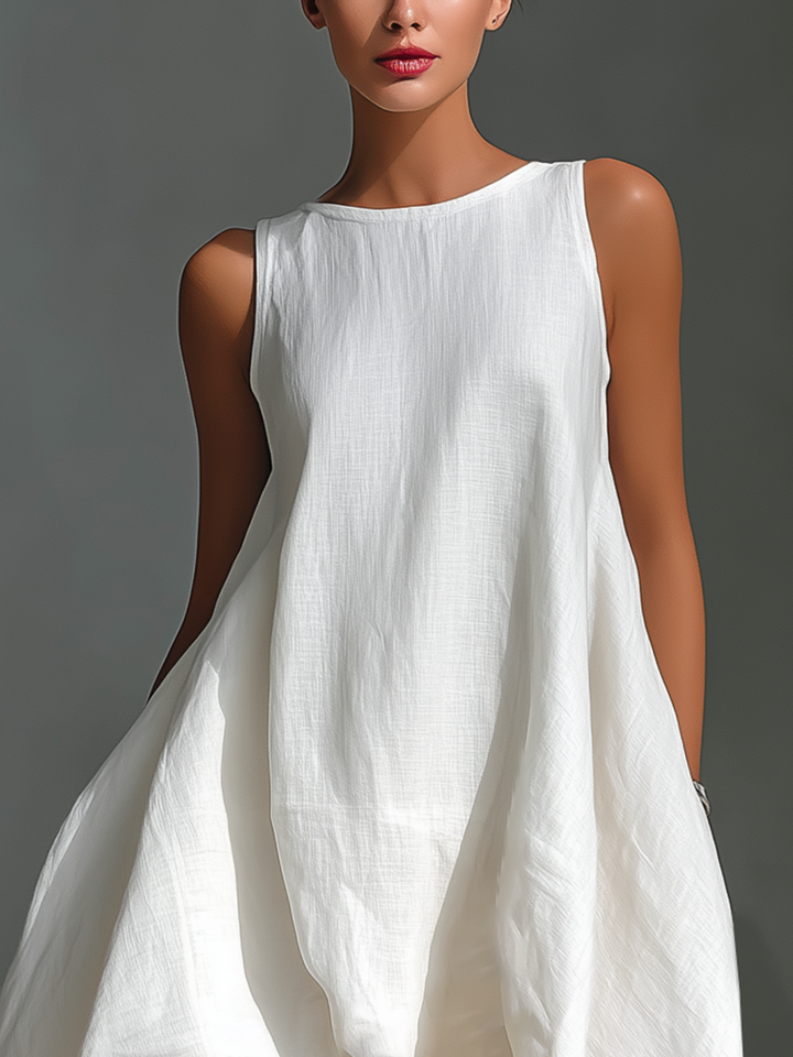 White Linen Sleeveless Midi Dress with Round Neck & Asymmetric Hem