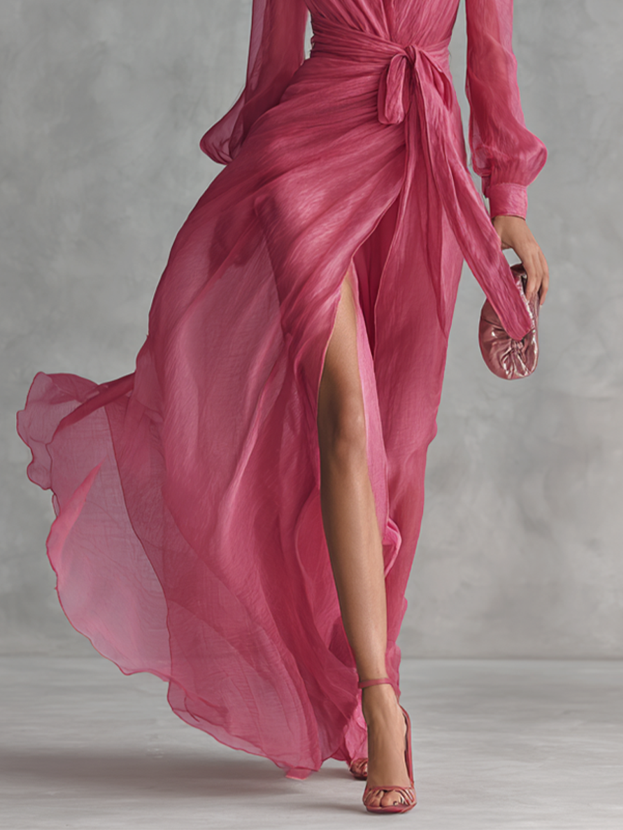 Rose Pink Chiffon V-Neck Tie-Waist Long Dress