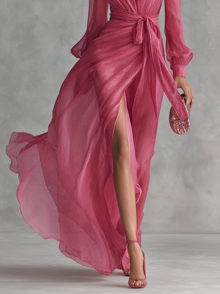 Rose Pink Chiffon V-Neck Tie-Waist Long Dress