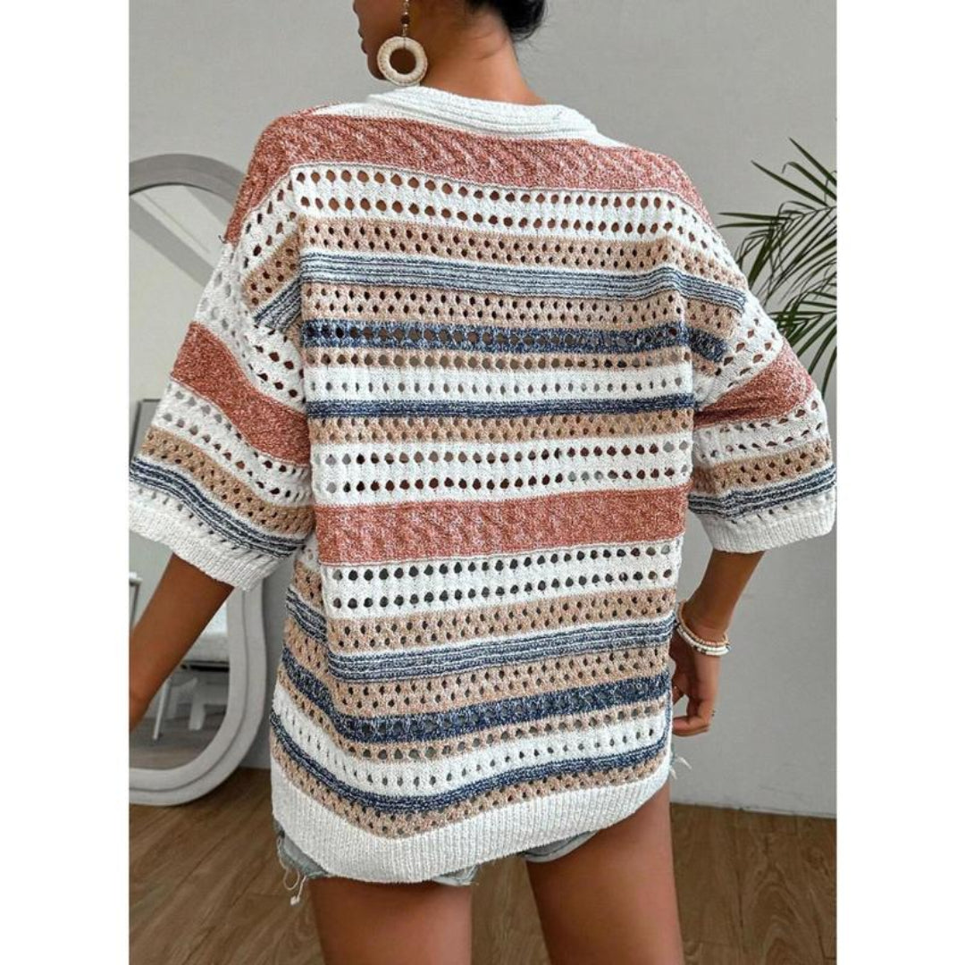 KELISE™ – Top d'été décontracté à rayures et col en V en crochet