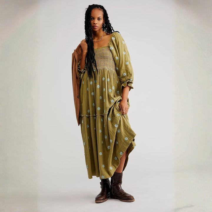 MOIRA™ - Robe maxi confortable à manches lanternes et col carré, ornée de fleurs