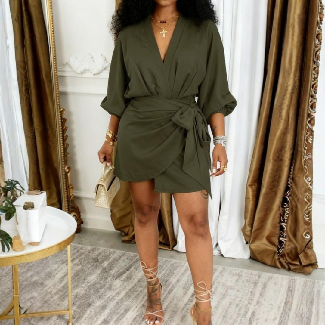 JEIYA™ - Robe mini chic unie à col V et nœud latéral croisé - Robe de soirée gigot