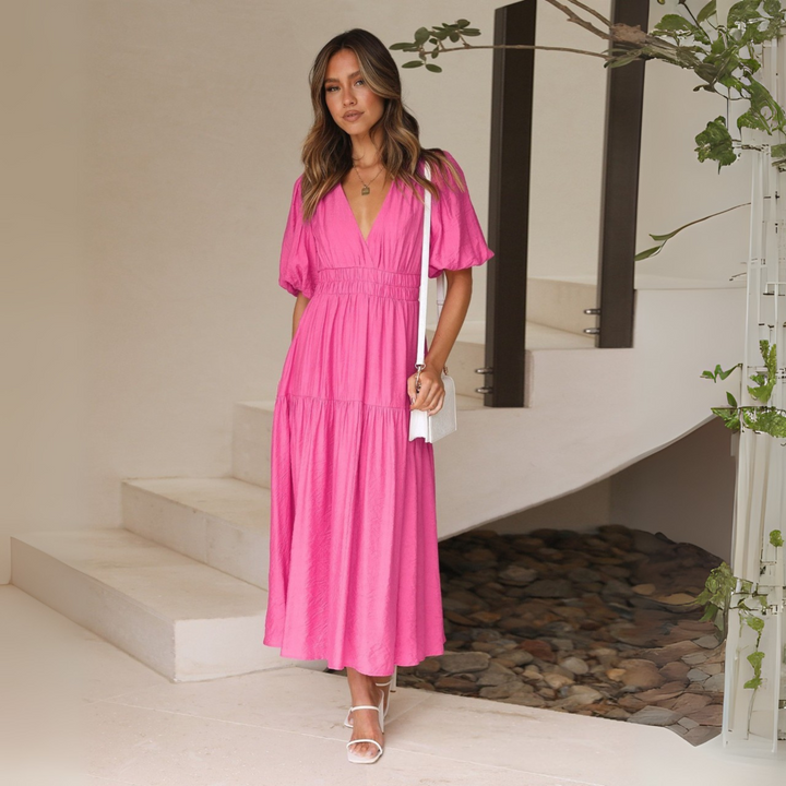 NAMU™ - Robe longue élégante à col en V et manches longues, coupe trapèze