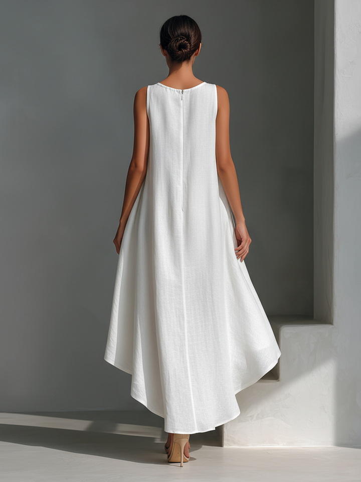 White Linen Sleeveless Midi Dress with Round Neck & Asymmetric Hem