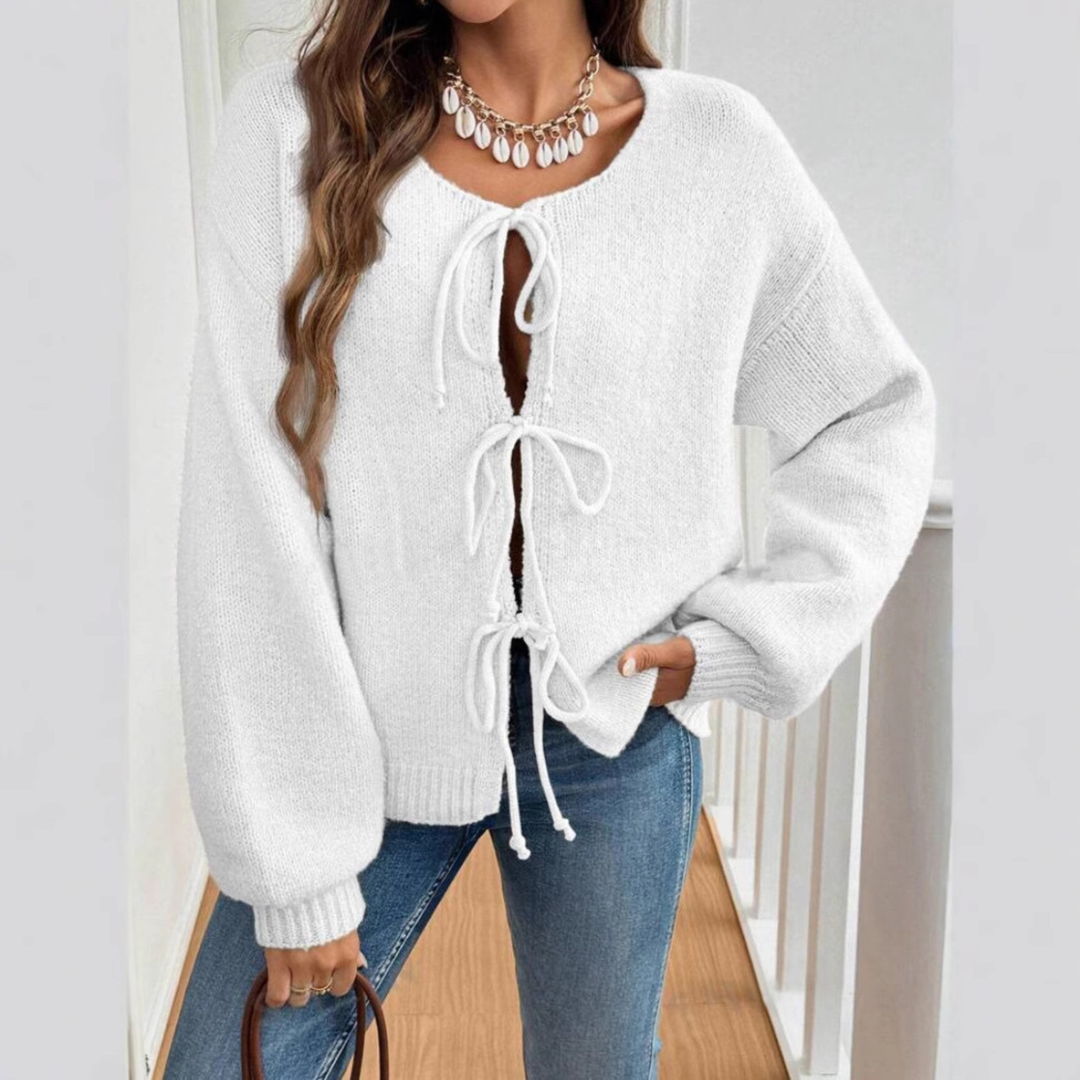 ADRIENNE™ - Gilet chic à manches longues, col rond et nœud sur le devant