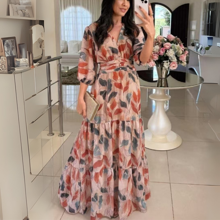 BELL™ - Robe longue élégante à col en V et manches bouffantes
