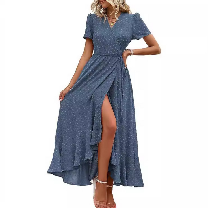 PILAR™ – Robe longue élégante à manches courtes, col en V et coupe portefeuille fluide