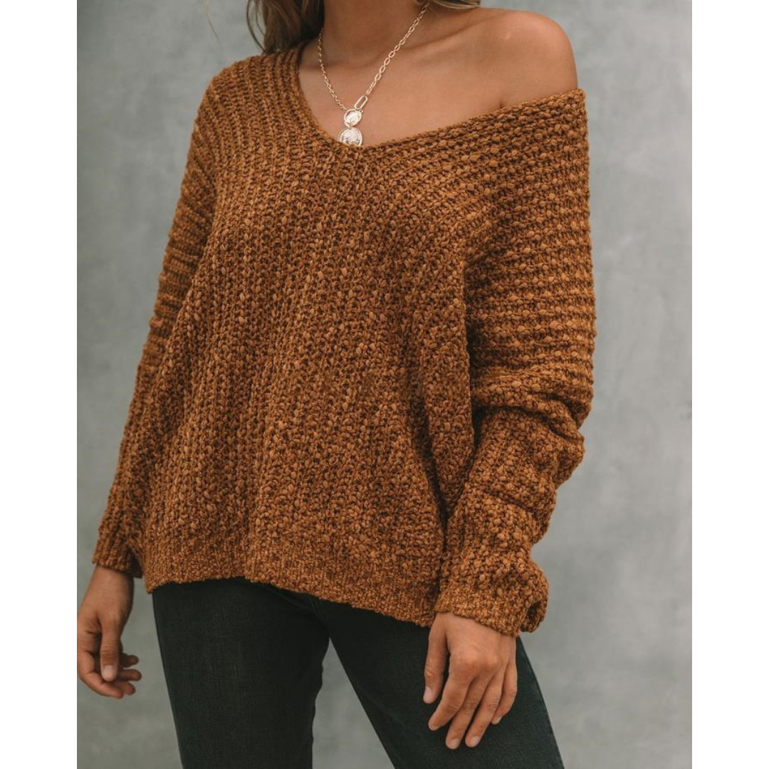 GABBY™ – Pull léger à col en V, manches longues et épaules tombantes