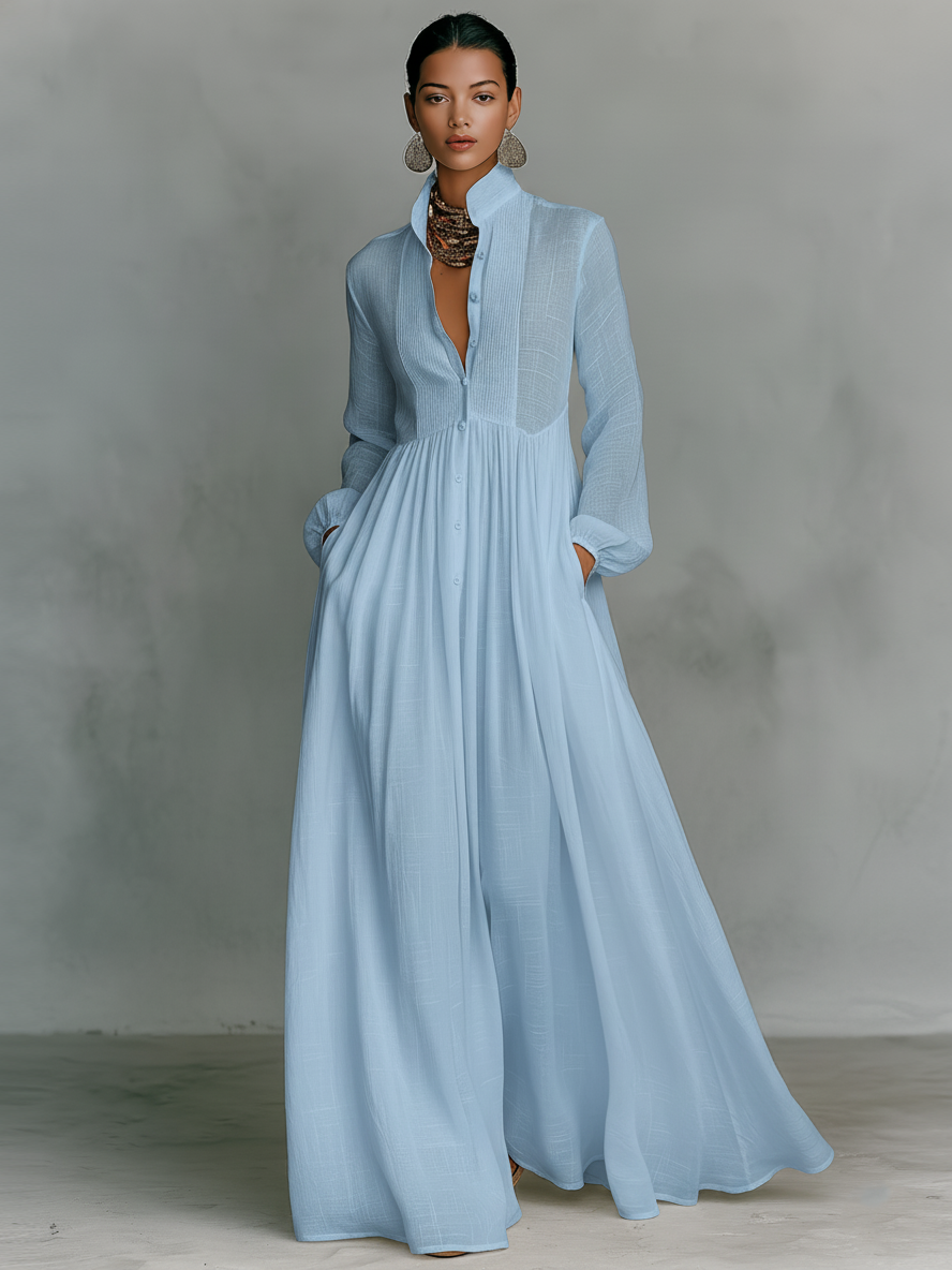 Robe longue en patchwork coton-lin, col montant et manches longues à boutonnage simple