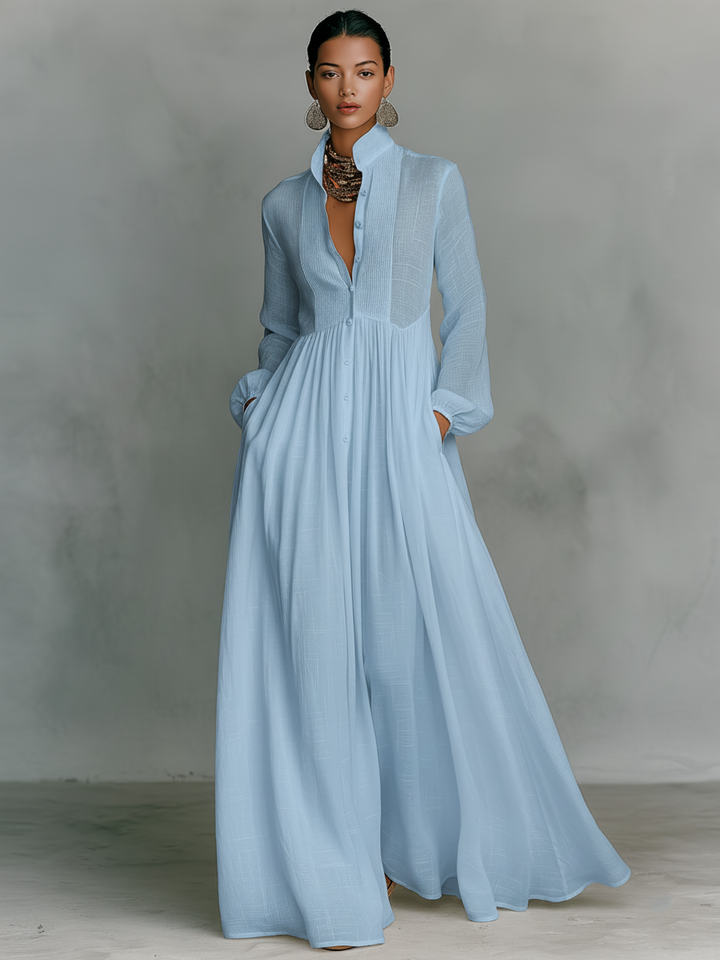 Robe longue en patchwork coton-lin, col montant et manches longues à boutonnage simple
