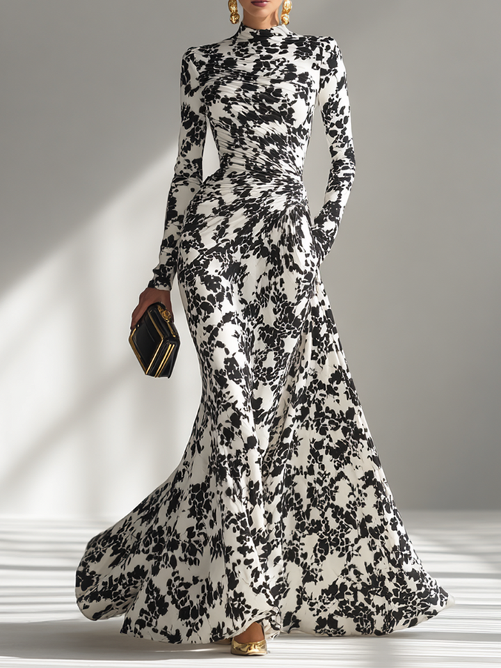 Black-and-White Patterned Stretch-Blend Wrap Dress