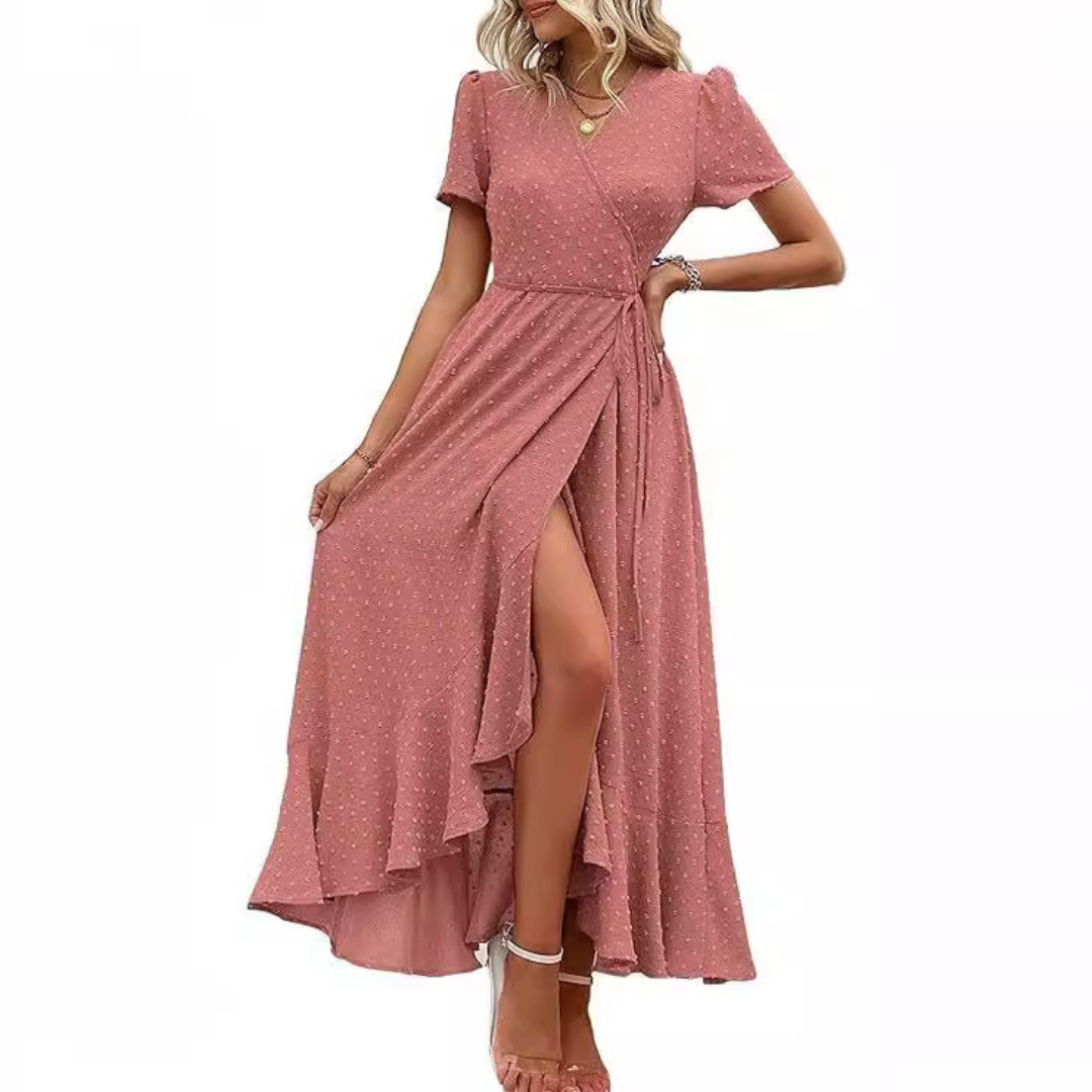 PILAR™ – Robe longue élégante à manches courtes, col en V et coupe portefeuille fluide