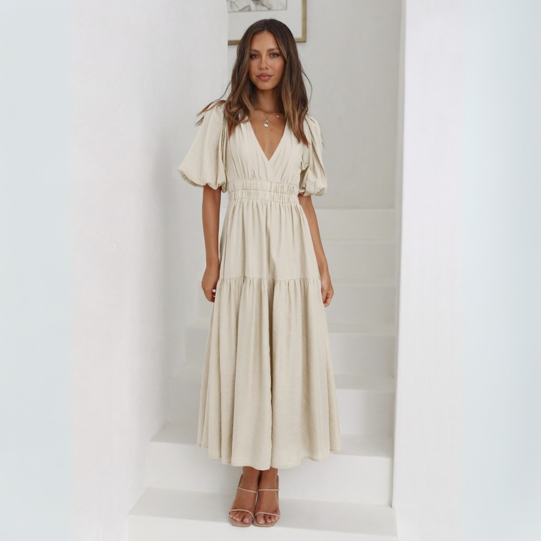 NAMU™ - Robe longue élégante à col en V et manches longues, coupe trapèze