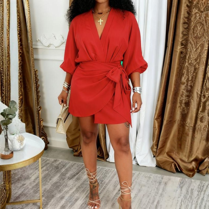 JEIYA™ - Robe mini chic unie à col V et nœud latéral croisé - Robe de soirée gigot