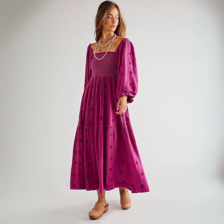 MOIRA™ - Robe maxi confortable à manches lanternes et col carré, ornée de fleurs