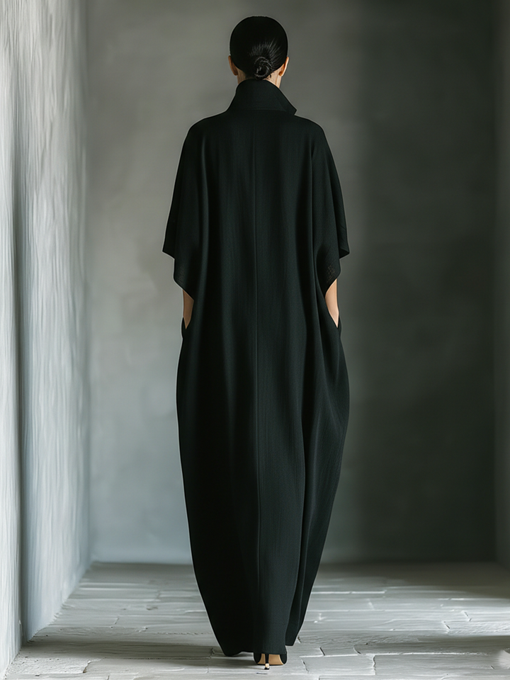Black Cotton-Blend Oversized Kimono-Sleeve Maxi Dress with Pockets