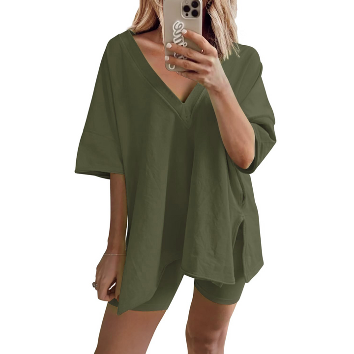 RAMLYN™ – Ensemble décontracté t-shirt oversize à col V et short 