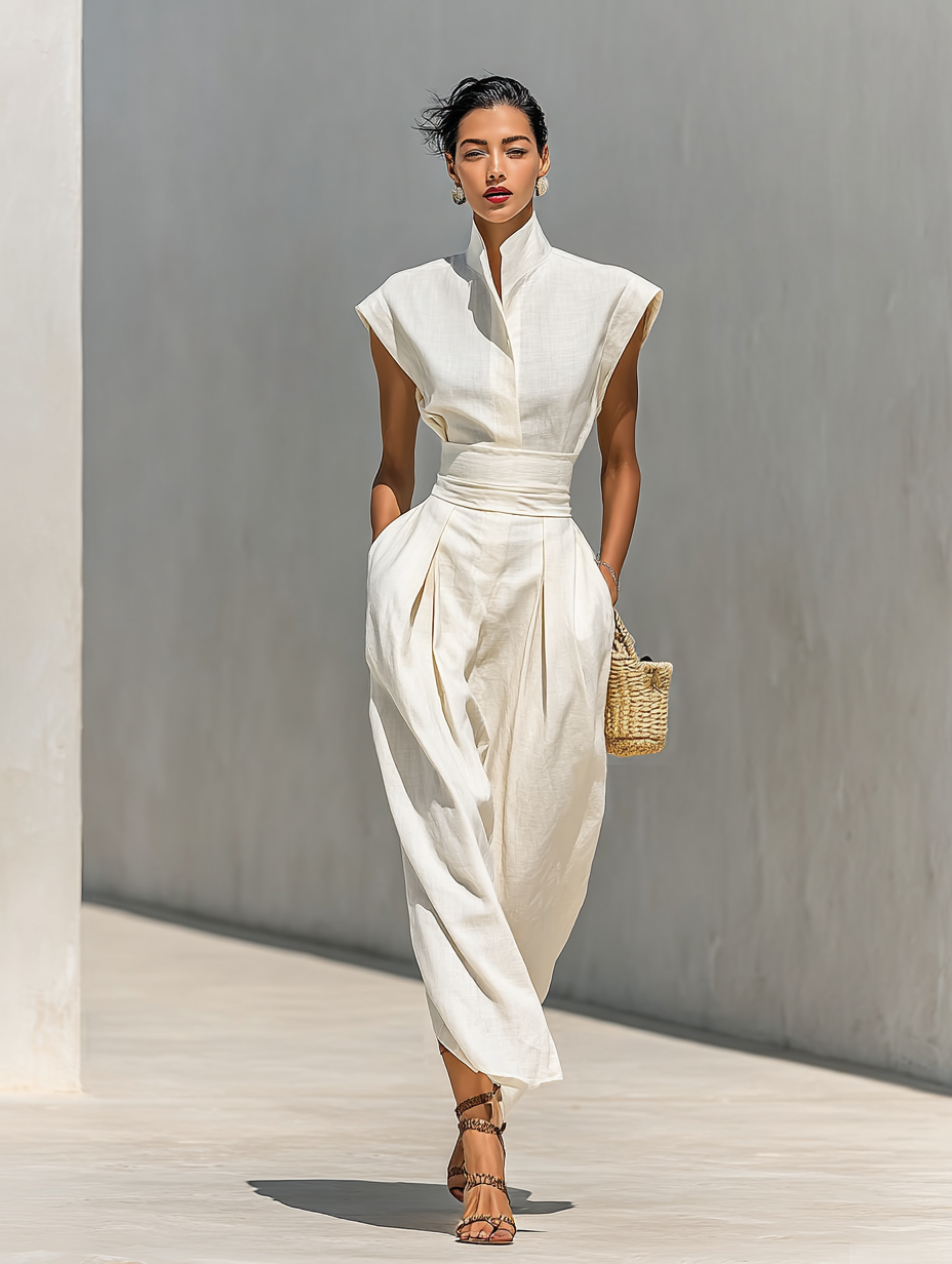 Cotton Lapel Cap-Sleeve Waist Maxi Dress