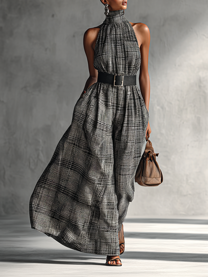 Plaid High-Collar Sleeveless Belted Maxi Dress