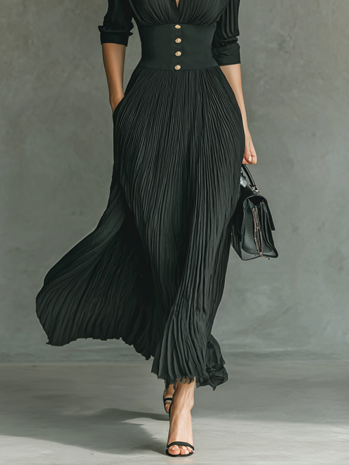 Solid Color Pleated Lapel Waist Long-Sleeve Maxi Dress