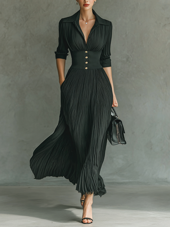 Solid Color Pleated Lapel Waist Long-Sleeve Maxi Dress