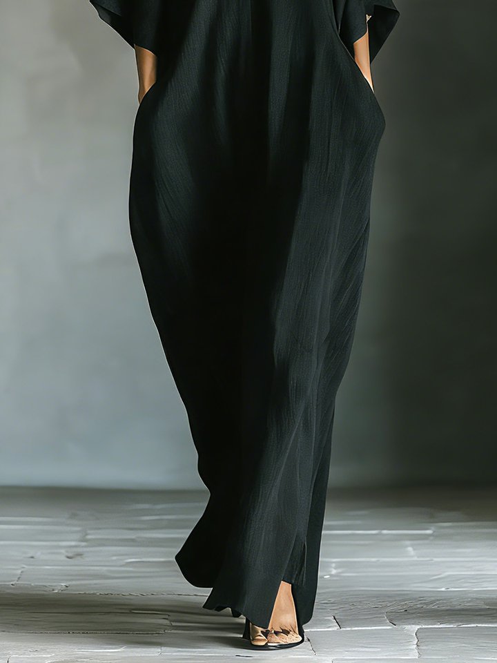 Black Cotton-Blend Oversized Kimono-Sleeve Maxi Dress with Pockets