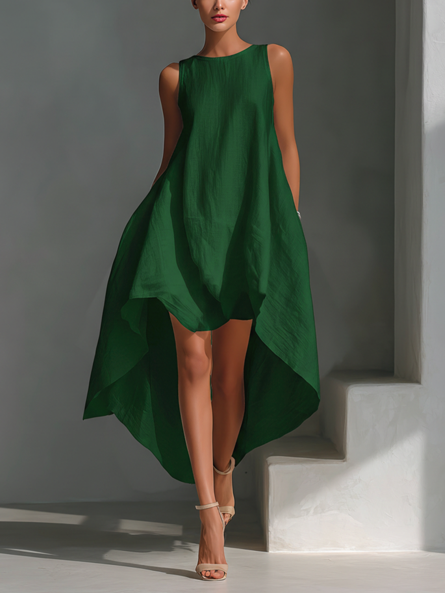 White Linen Sleeveless Midi Dress with Round Neck & Asymmetric Hem