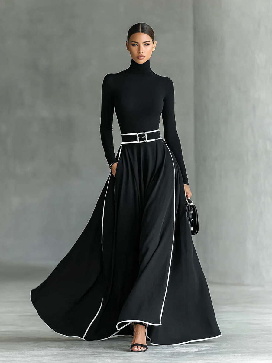 Robe longue noire avec bordure blanche, col montant, manches longues et ceinture
