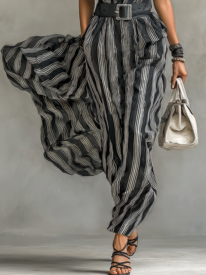Chiffon Striped Printed Lapel Short-Sleeve Belted Maxi Dress