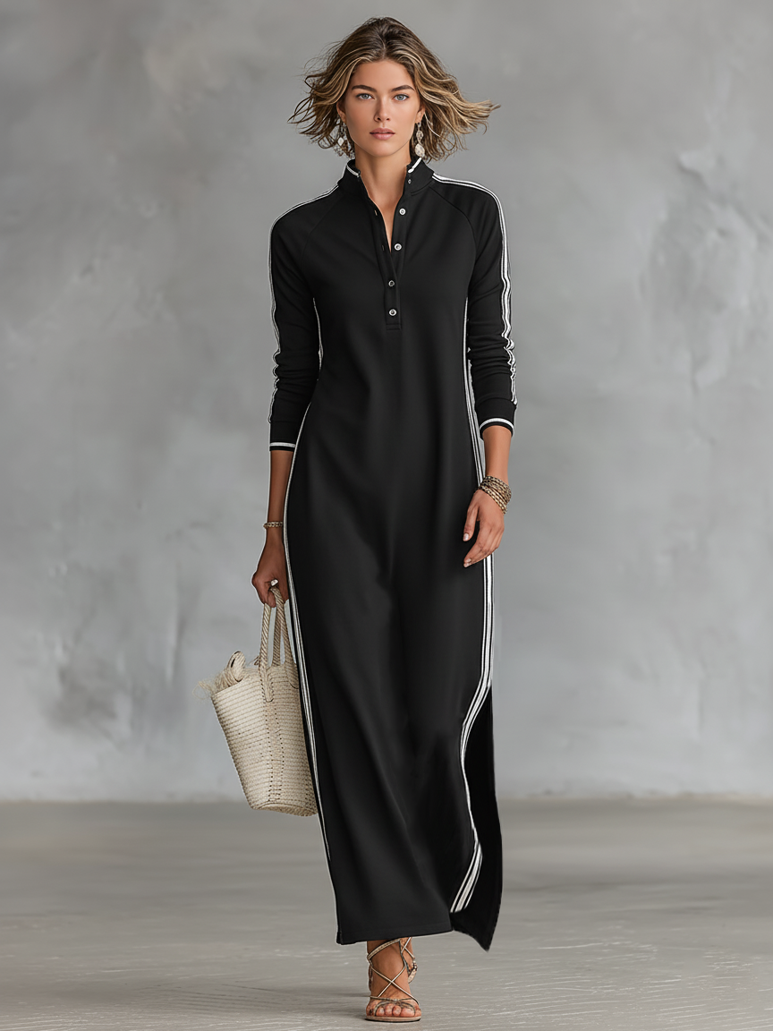 Robe longue sweatshirt à col boutonné et liseré blanc