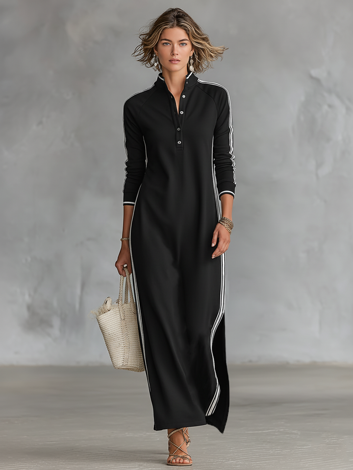 Robe longue sweatshirt à col boutonné et liseré blanc