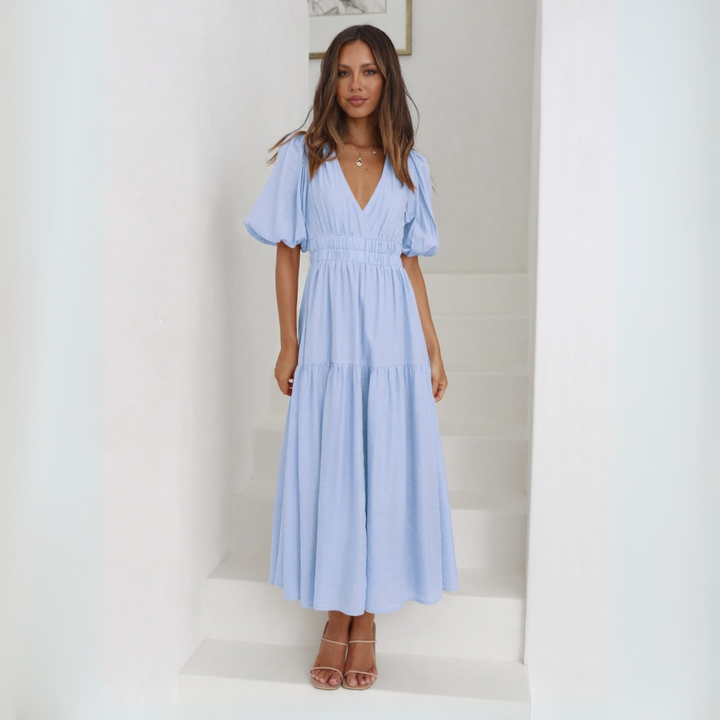 NAMU™ - Robe longue élégante à col en V et manches longues, coupe trapèze