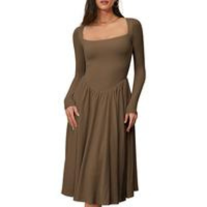 PAIGE™ - Robe midi intemporelle à manches longues et col carré
