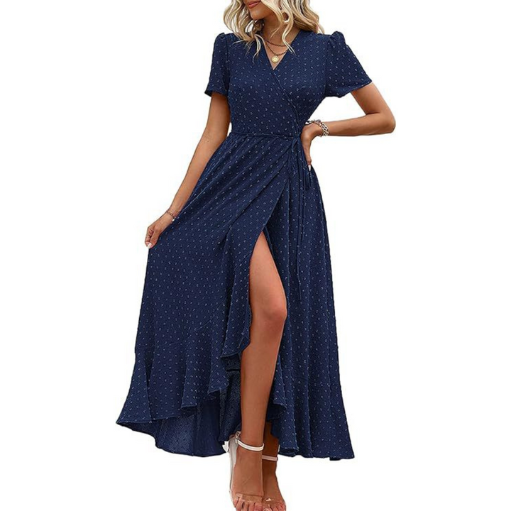 PILAR™ – Robe longue élégante à manches courtes, col en V et coupe portefeuille fluide