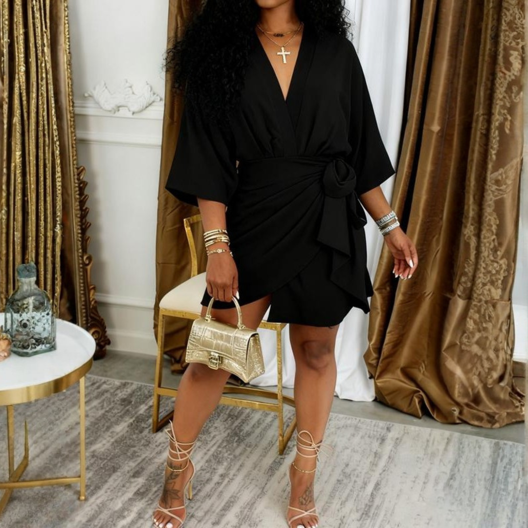JEIYA™ - Robe mini chic unie à col V et nœud latéral croisé - Robe de soirée gigot