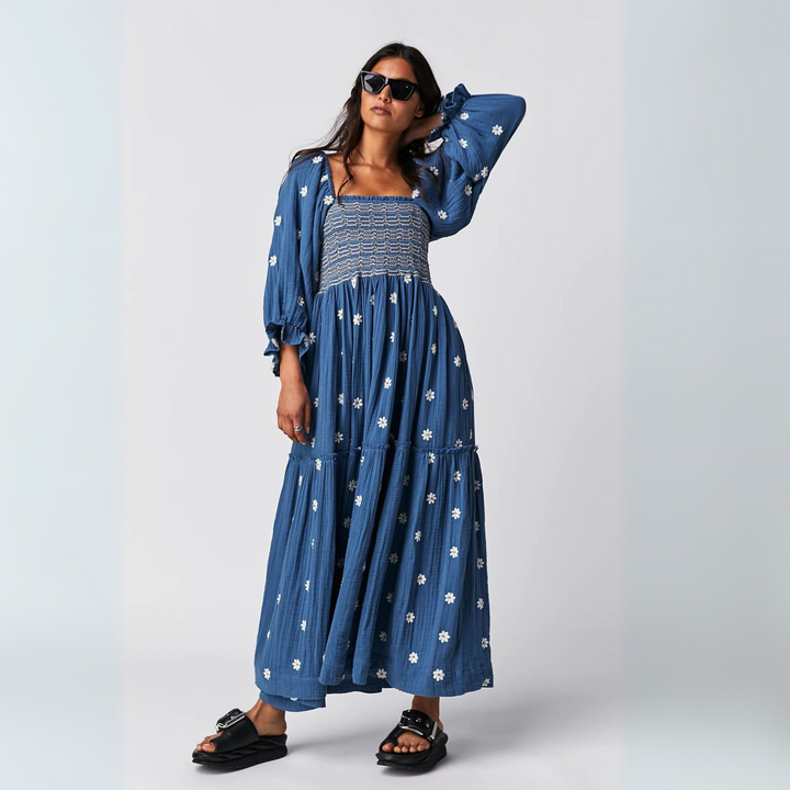 MOIRA™ - Robe maxi confortable à manches lanternes et col carré, ornée de fleurs