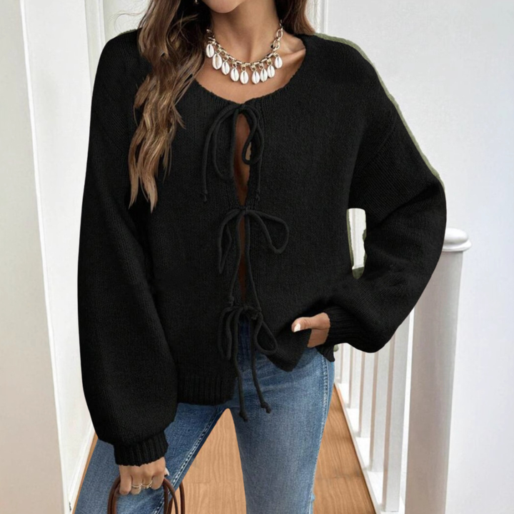 ADRIENNE™ - Gilet chic à manches longues, col rond et nœud sur le devant
