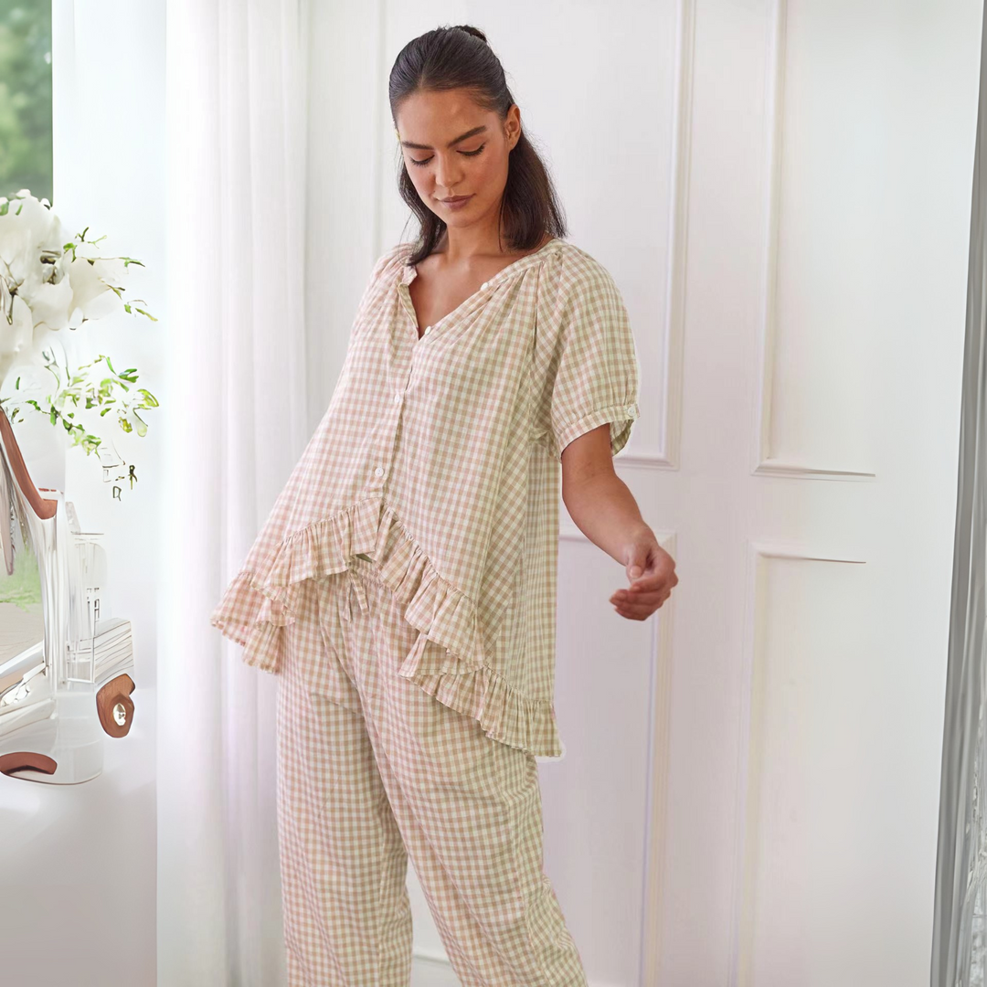 NEVERLAND™ - Ensemble décontracté à carreaux, haut à manches bouffantes et pantalon