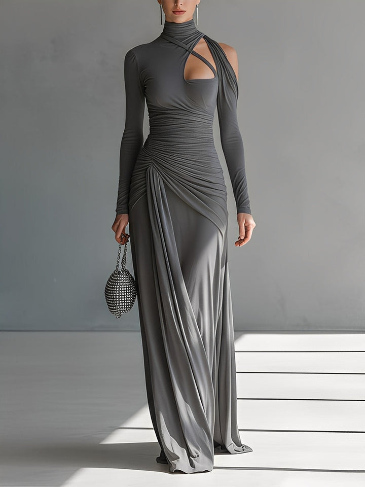 Grey Silky Stretch Ruched Cut-Out Maxi Dress