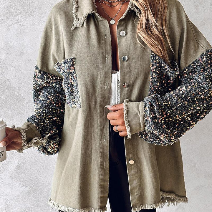 NENITA™ - Veste chic oversize à col boutonné et ourlet à sequins