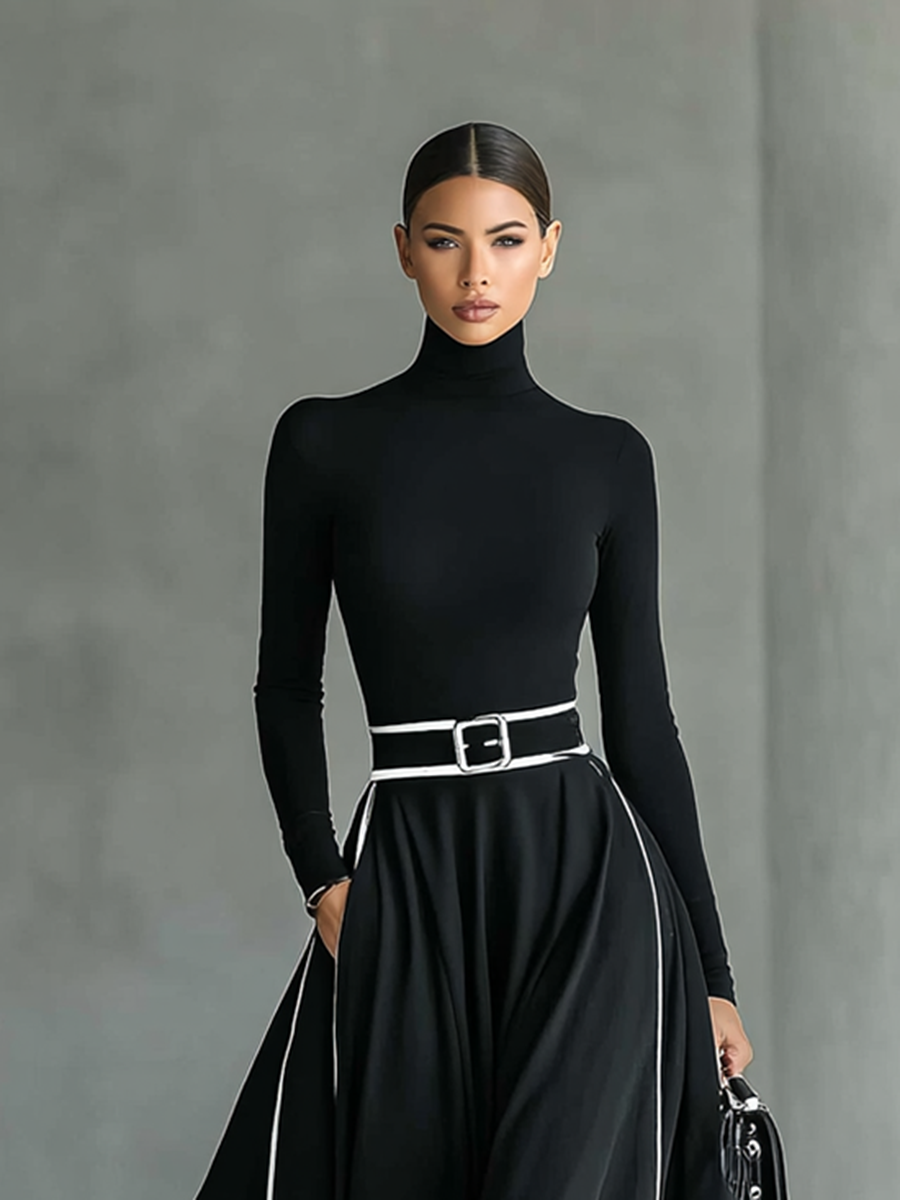 Robe longue noire avec bordure blanche, col montant, manches longues et ceinture